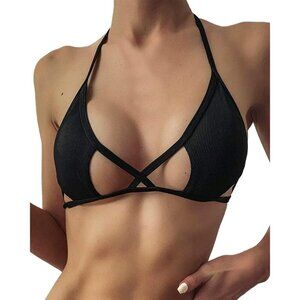 🆕 Women's Black Cut Out Tie Knot Halter Swimwear Triangle Bikini Top